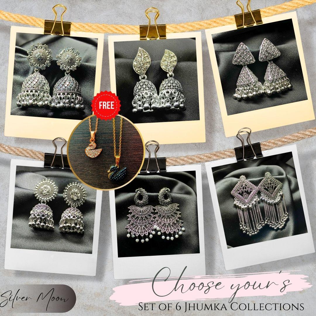 Set of 6 Silver Jhumka Earrings with Free Gift - Bilzz.in