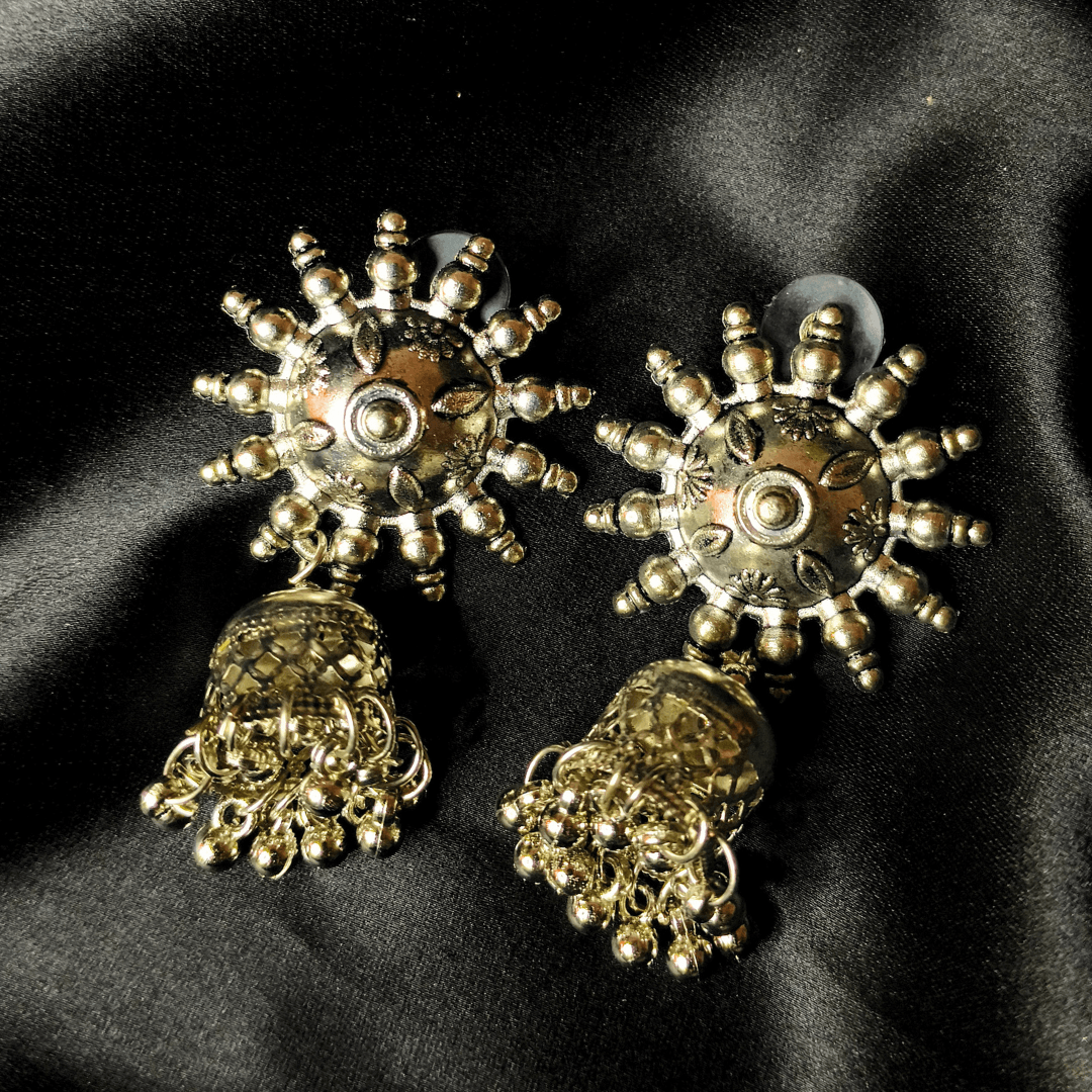 Chakra Silver Jhumka Earrings: With Silver Beads - Bilzz.in