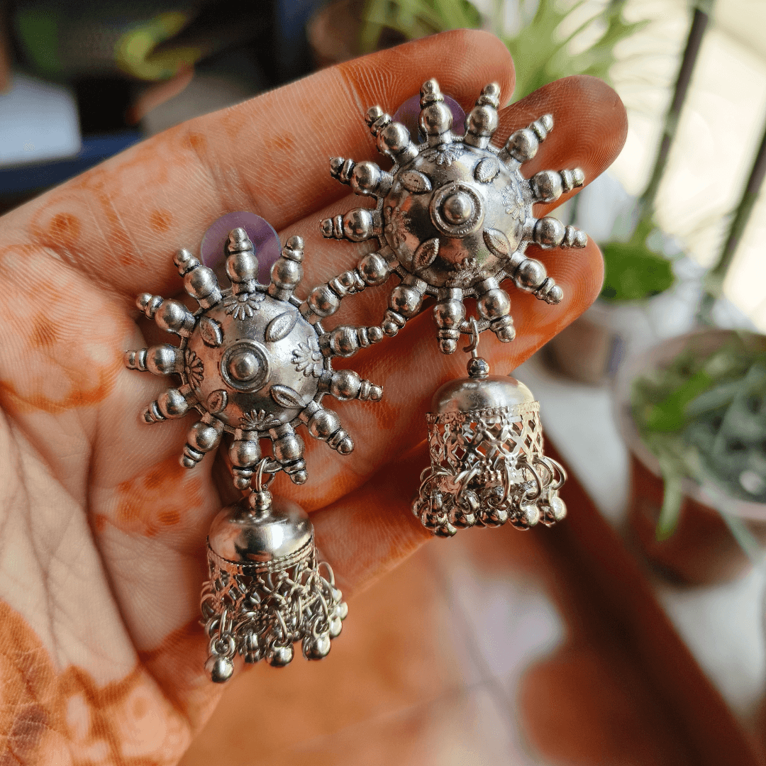 Chakra Silver Jhumka Earrings: With Silver Beads - Bilzz.in