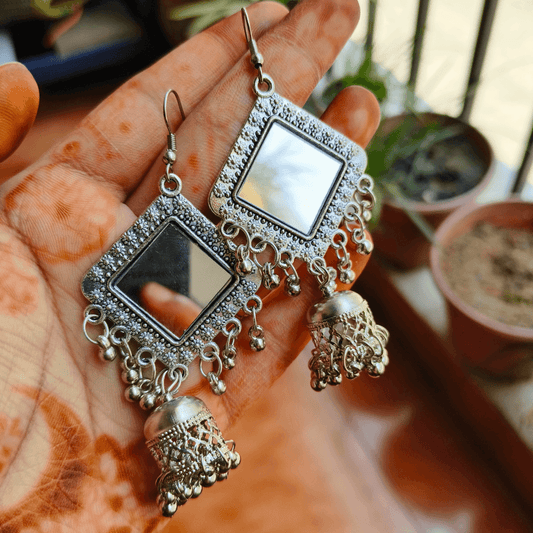 Silver Prism: Silver Triangle Jhumka Earrings - Style 1 - Bilzz.in