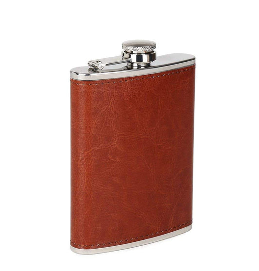 Leather Wrapped Stainless Steel Liquor Bottle or Wine Whiskey Alcohol Drinks Holder Pocket Hip Flask for Men - Brown, 7 oz (210 ml)
